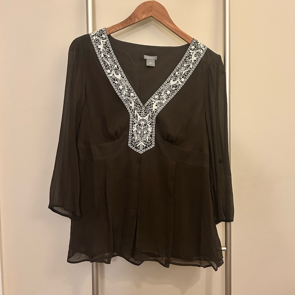 Ann Taylor 100% Silk Brown V Neck Tunic Blouse with White Embroidery